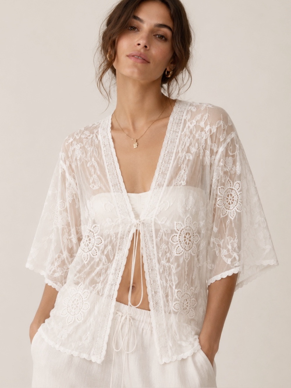 Woman Cream Sheer Mesh Lace Embroidered Tie Front Boho Fairy Romantic Kimono S/M